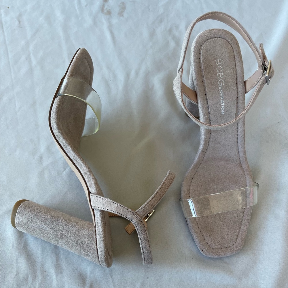BCBG Generation Ilsie Clear Strap Suede Women’s Sandals Taupe Size 7